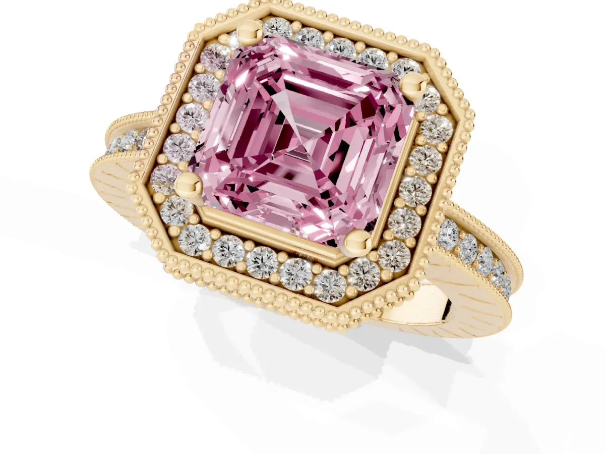 Fancy Pink Asscher Cut Diamond Milgrain Halo Engagement Ring with Round Pavé Band and Prong Setting Yellow gold