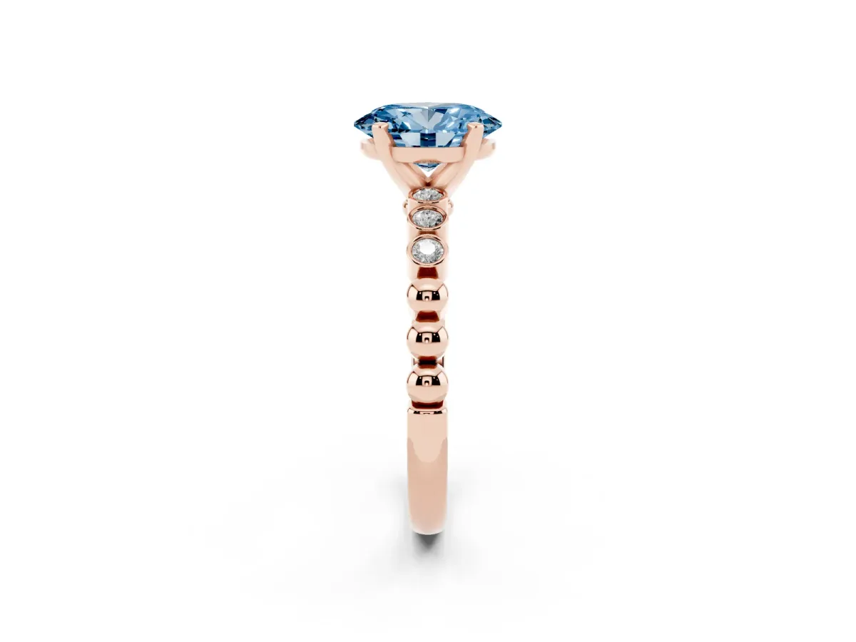 Fancy Blue Oval Cut Solitaire Bezel Accent Diamond Engagement Ring with Beaded Band and Four-Prong Setting Rose gold