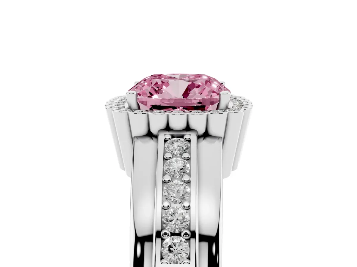 Fancy Pink Cushion Cut Cut Halo Pave Band Four-Prong Ring Silver