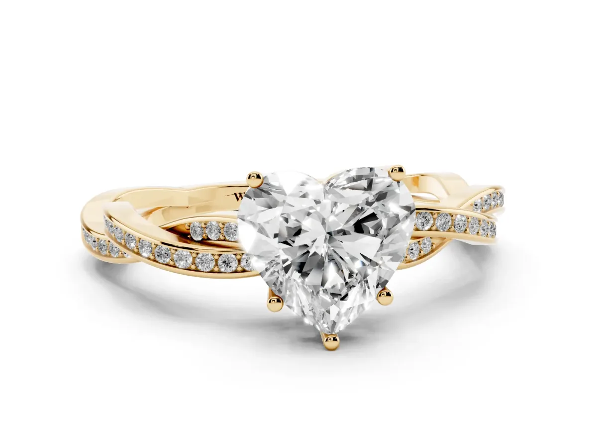 Heart Cut Solitaire Twisted Pave Diamond Ring with Four-Prong Setting Yellow gold