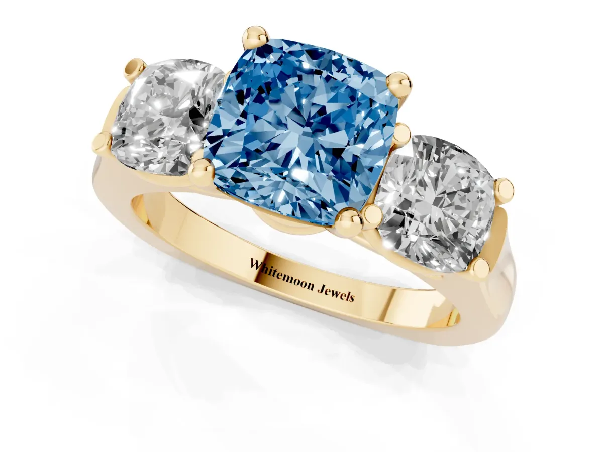 Fancy Blue Three-Stone Cushion Cut Brilliant Diamond Trellis Ring with Comfort Fit Band Yellow gold