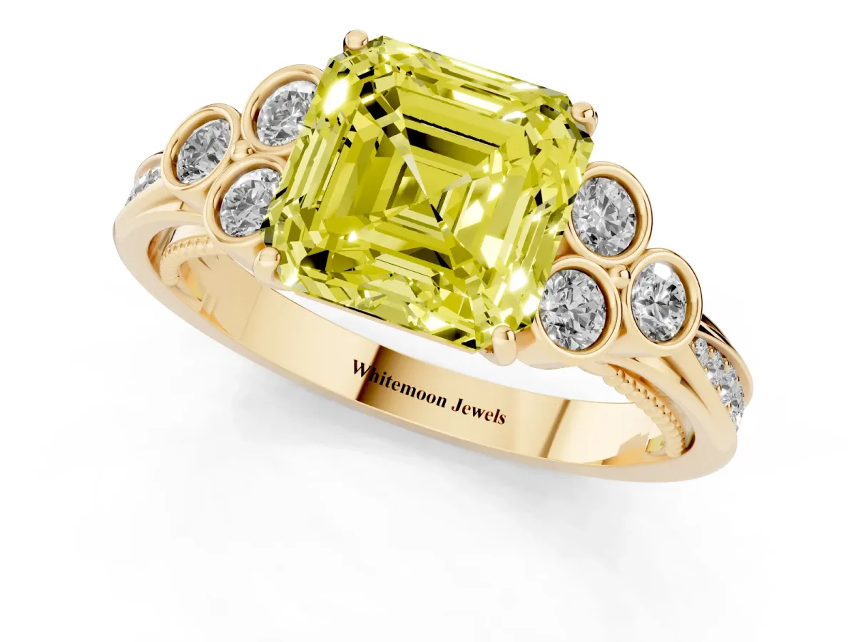 Fancy Yellow Asscher Cut Cut Diamond Engagement Ring with Bezel Set Round Side Stones and Prong Setting Yellow gold