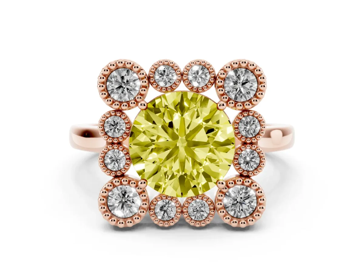 Fancy Yellow Round Cut Halo Diamond Cluster Engagement Ring with Milgrain Bezel Setting and Solitaire Band Rose gold