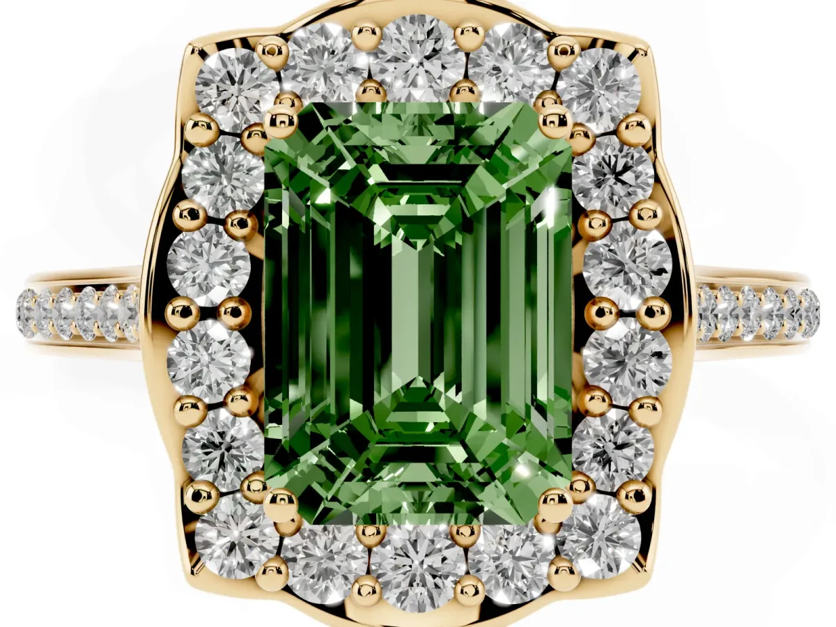Fancy Green Emerald Cut Halo Round Diamond Pave Band with Four-Prong Setting Yellow gold