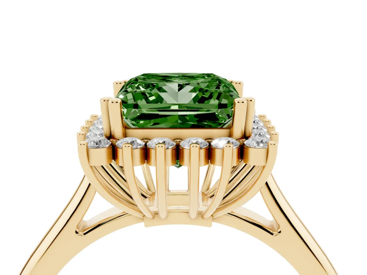 Fancy Green Princess Cut Cut Diamond Halo Ring with Solitaire Band and Prong Setting Yellow gold