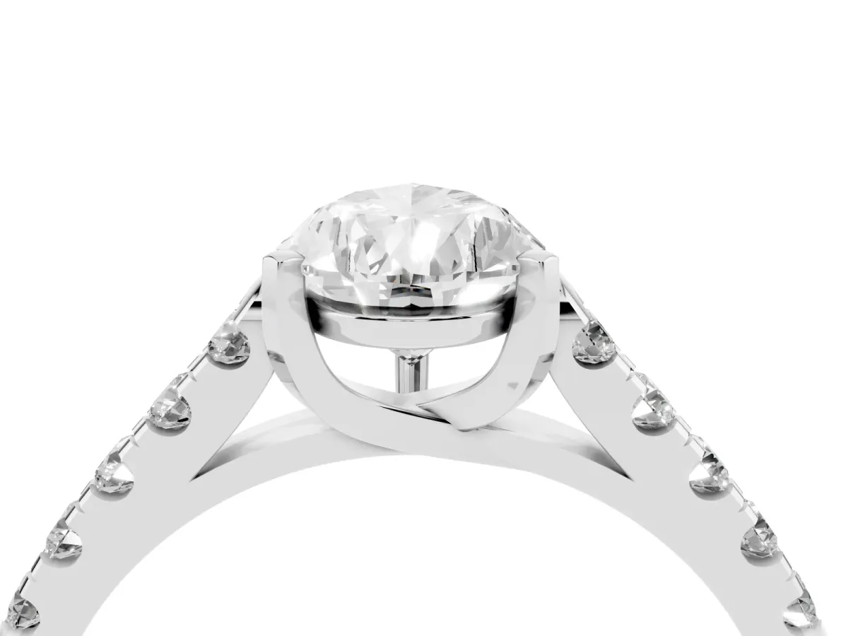 Pear Cut Diamond Pavé Band Solitaire Ring with Prong Setting Silver