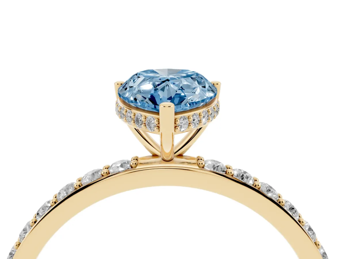 Fancy Blue Pear Cut Diamond Solitaire Ring with Pavé Band and Hidden Halo Yellow gold