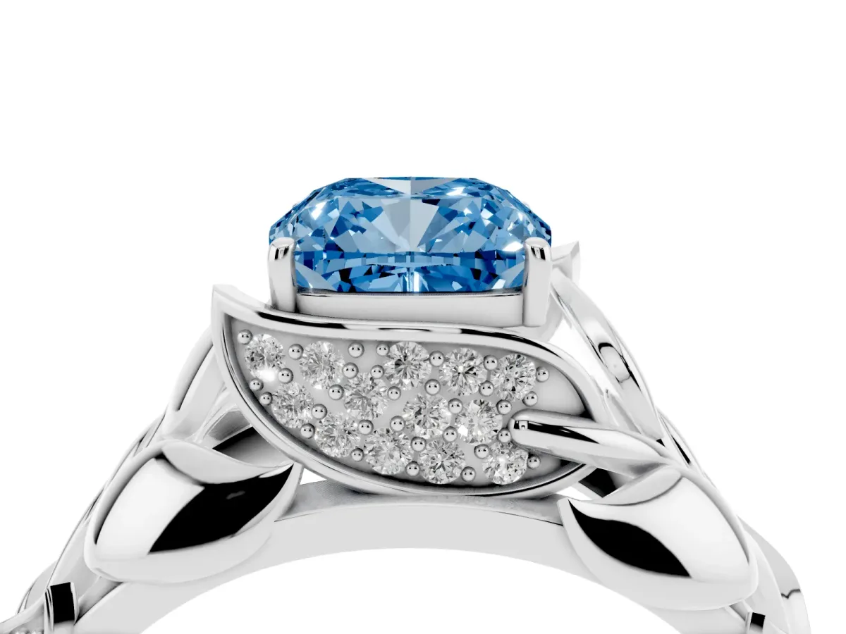 Fancy Blue Cushion Cut Diamond Leaf-Inspired Engagement Ring with Round Accents and Prong Setting Silver