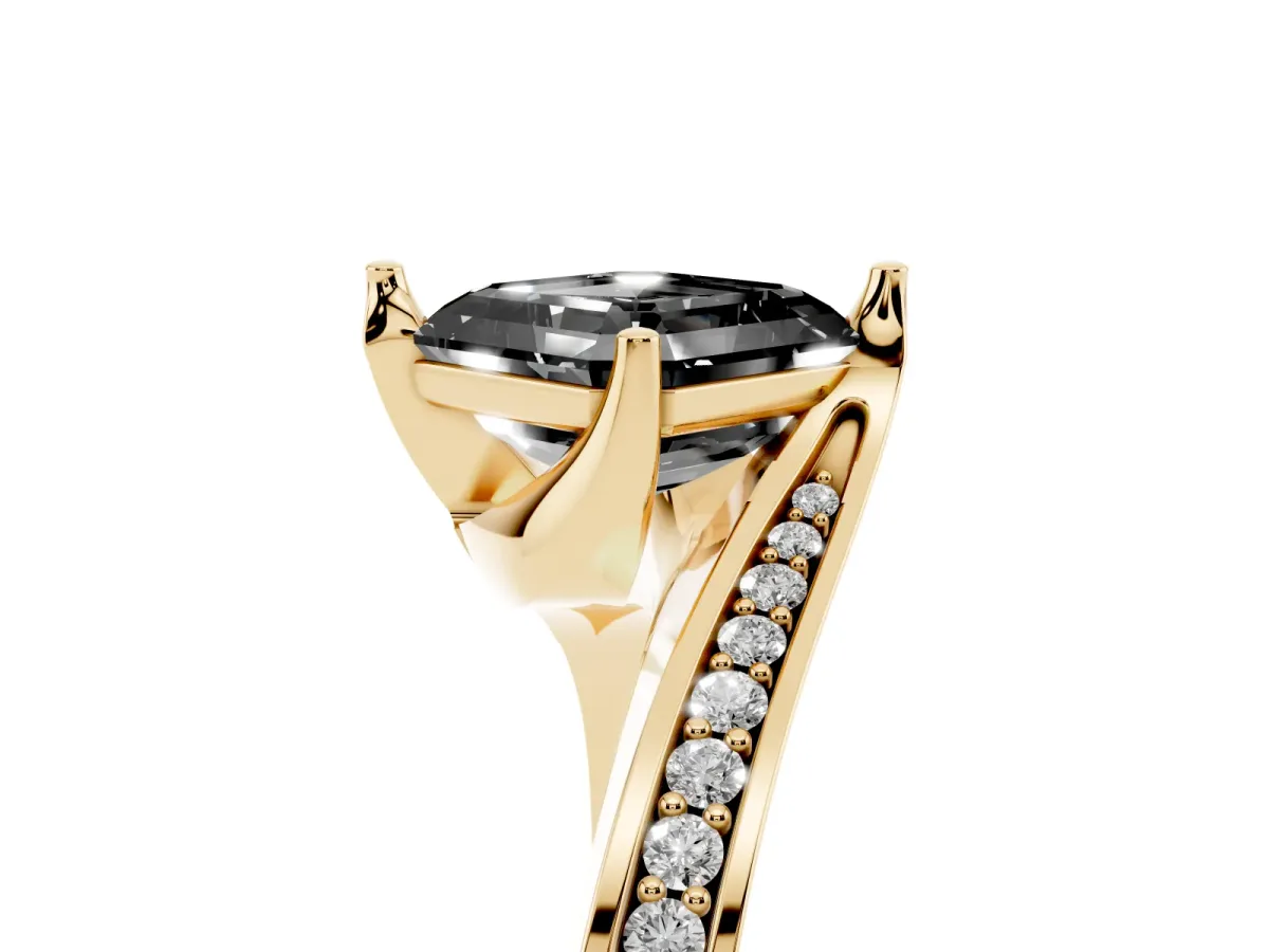 Fancy Black Asscher Cut Solitaire Diamond Twist Band with Pavé Setting and Four-Prong Setting Yellow gold