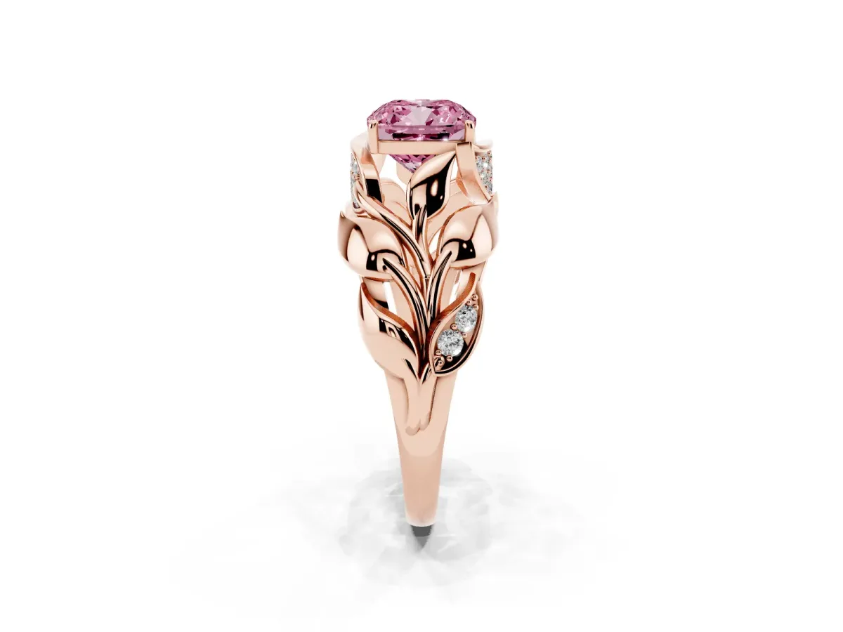 Fancy Pink Cushion Cut Diamond Leaf-Inspired Engagement Ring with Round Accents and Prong Setting Rose gold