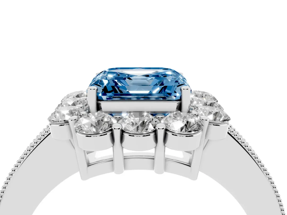 Fancy Blue Asscher Cut Cut Halo Diamond Pavé Engagement Ring with Milgrain Detailing Platinum