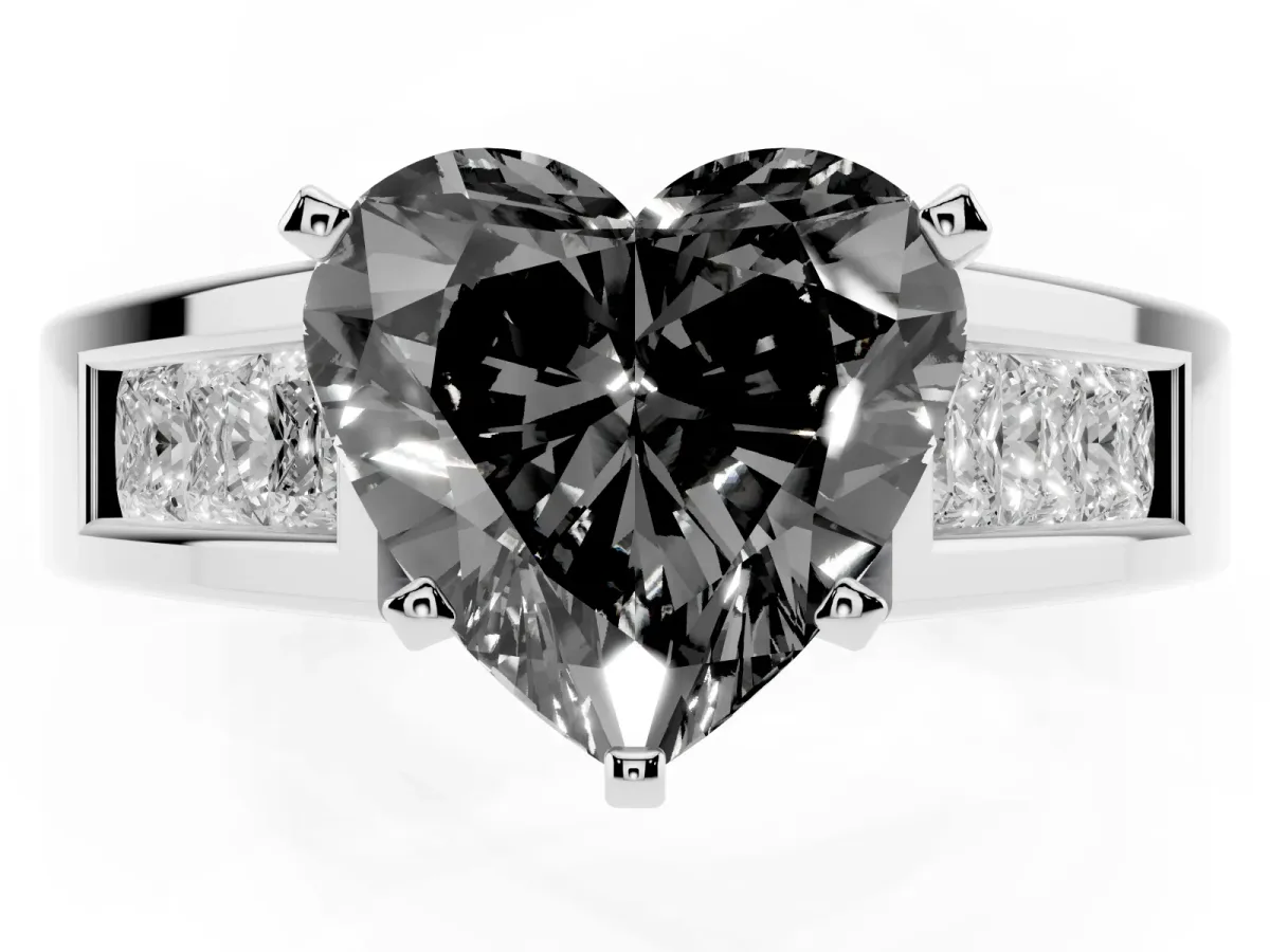 Fancy Black Heart Cut Cut Channel Set Solitaire Ring with Four-Prong Setting Silver