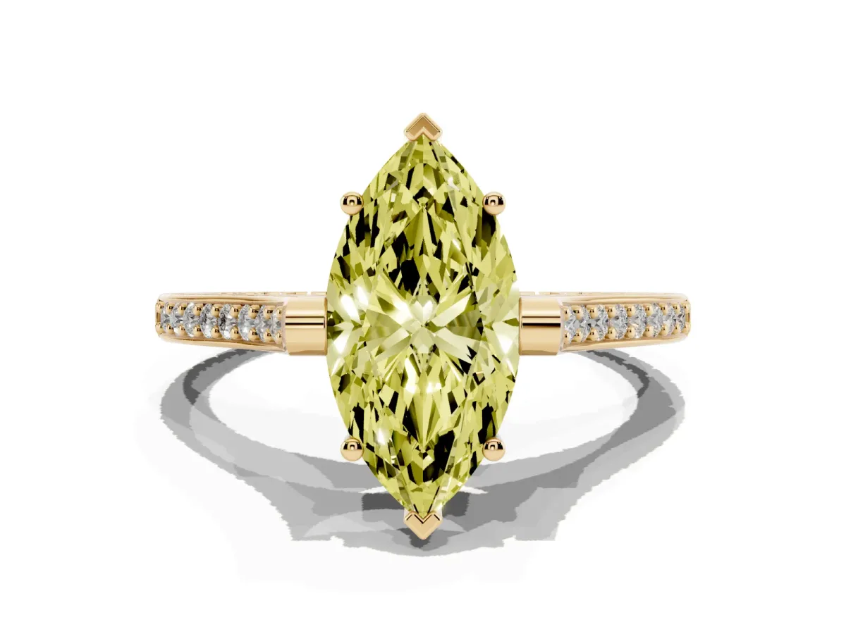Fancy Yellow Marquise Cut Solitaire Diamond Ring with Channel Set Band and Bezel Prong Setting Yellow gold