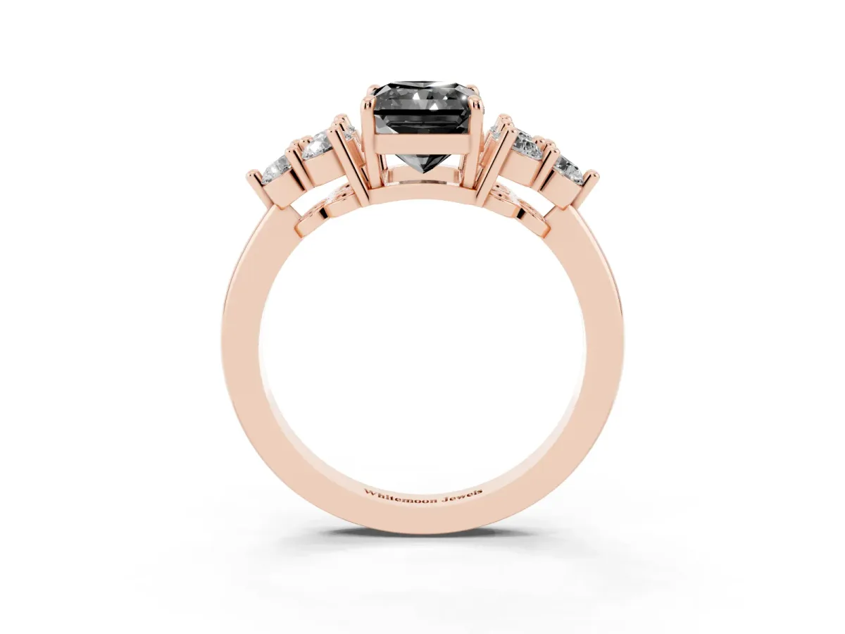 Fancy Black Radiant Cut Brilliant Diamond Cluster Accent Solitaire Ring with Prong Setting Rose gold