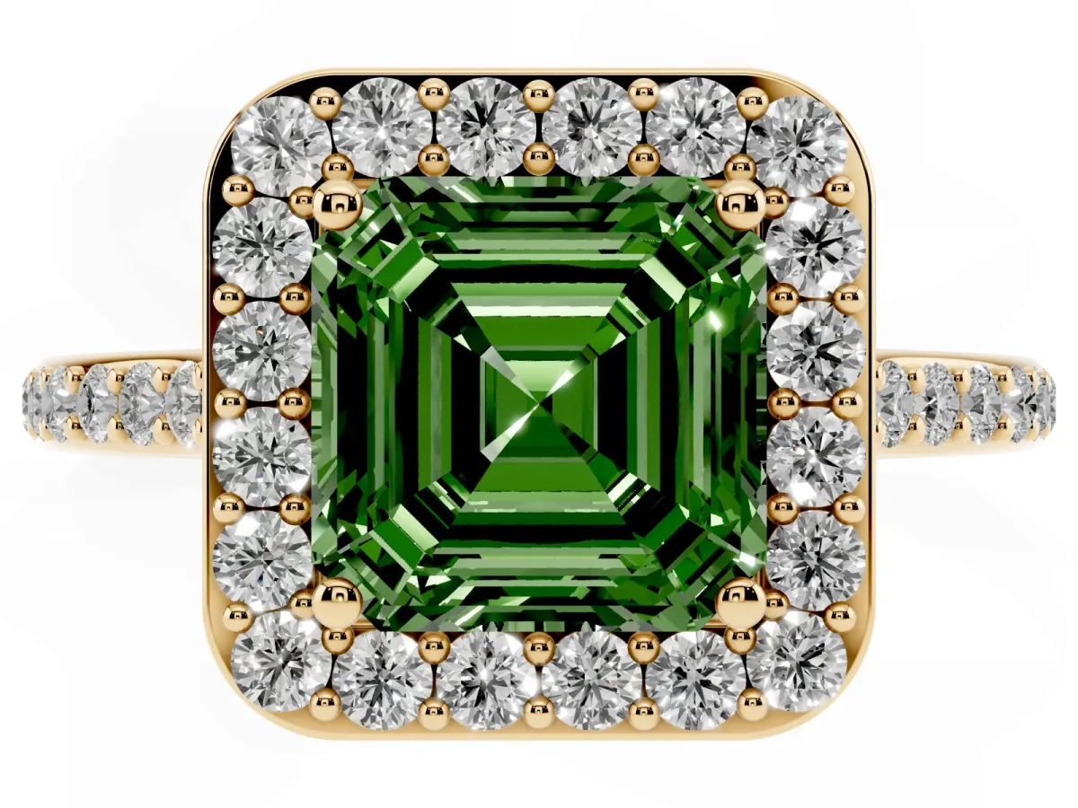 Fancy Green Asscher Cut Diamond Halo Engagement Ring with Round Pavé Shoulders and Prong Setting Yellow gold