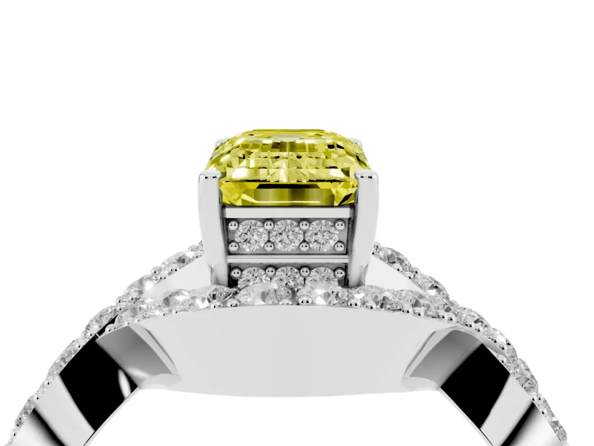 Fancy Yellow Emerald Cut Solitaire Twist Band Pavé Diamond Engagement Ring Silver
