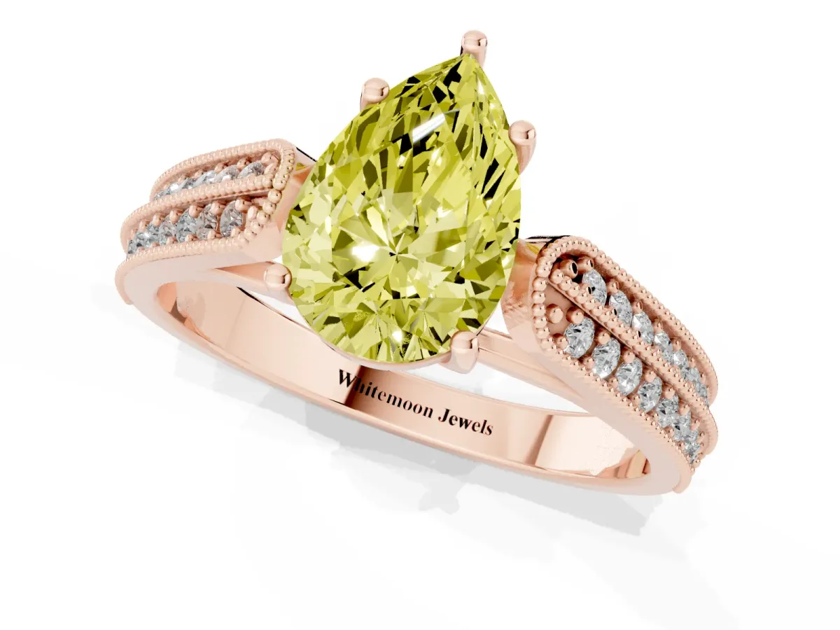 Fancy Yellow Pear Cut Cut Pave Split Shank Engagement Ring with Four-Prong Setting Rose gold