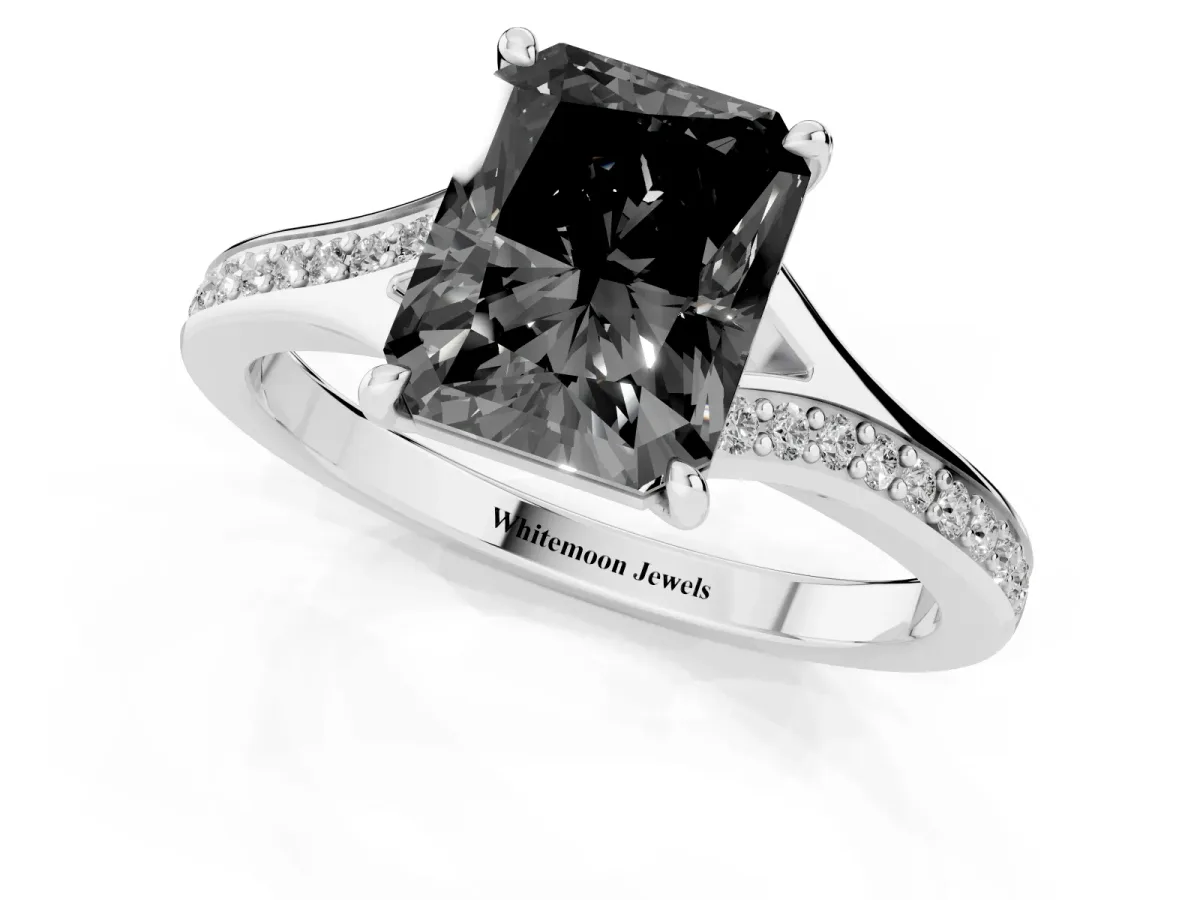 Fancy Black Radiant Cut Diamond Solitaire Ring with Pavé Band and Prong Setting Silver