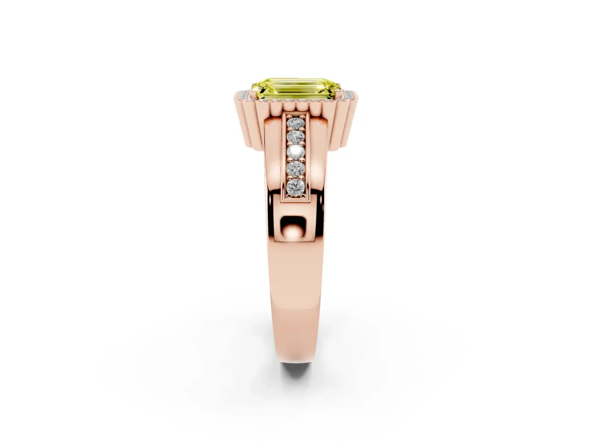 Fancy Yellow Emerald Cut Cut Halo Pave Band Four-Prong Ring Rose gold