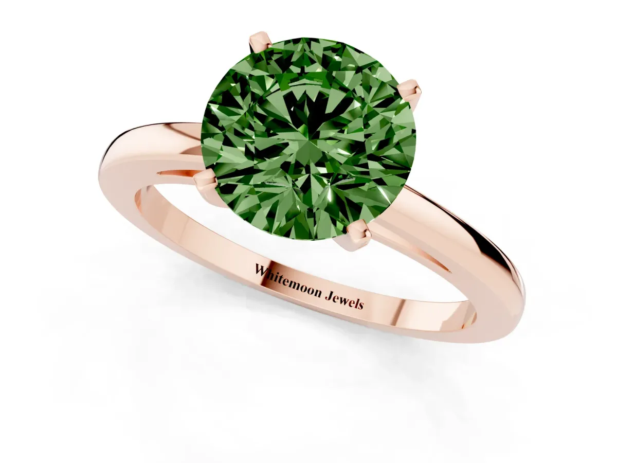 Fancy Green Round Cut Solitaire Diamond Engagement Ring with Four-Prong Setting on a Classic Band Rose gold