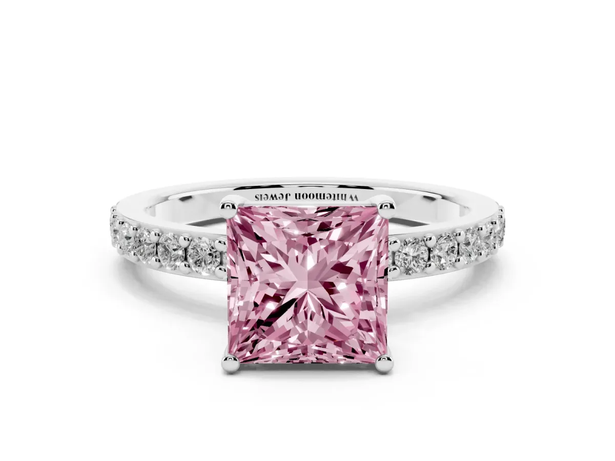 Fancy Pink Princess Cut Cut Diamond Solitaire with Pave Band and Four-Prong Setting Silver