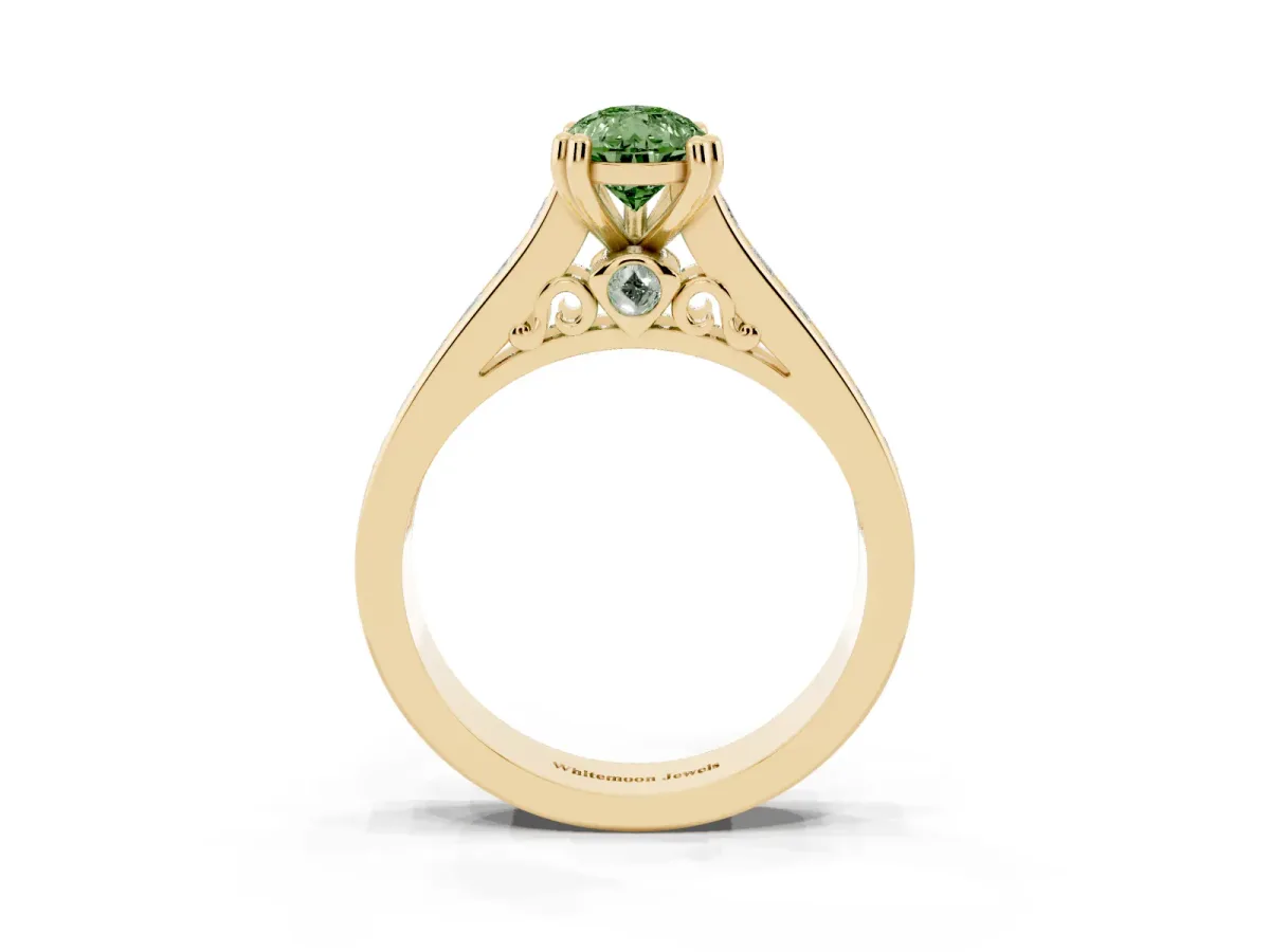Fancy Green Pear Cut Cut Channel Set Solitaire Engagement Ring with Prong Setting Yellow gold