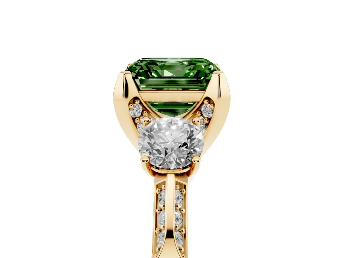Fancy Green Asscher Cut Brilliant Three-Stone Diamond Ring with Pavé Band and Four-Prong Setting Yellow gold