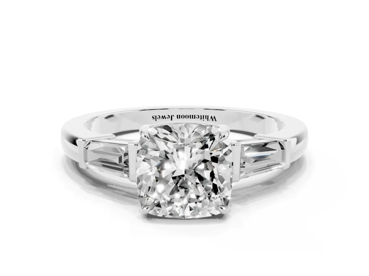 Cushion Cut Diamond Three-Stone Ring with Tapered Baguette Side Stones and Prong Setting White gold