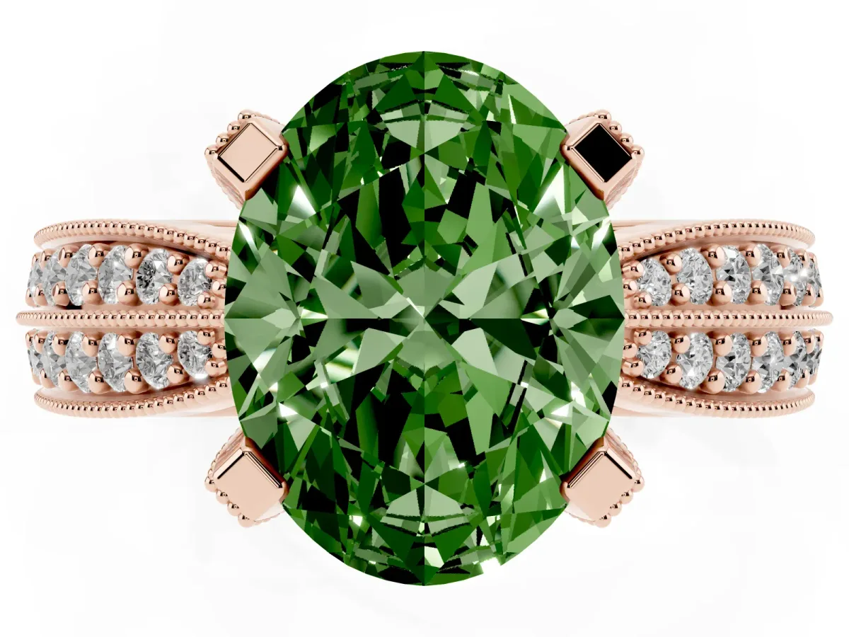 Fancy Green Oval Cut Diamond Solitaire Ring with Milgrain Round Pavé Band and Prong Setting Rose gold