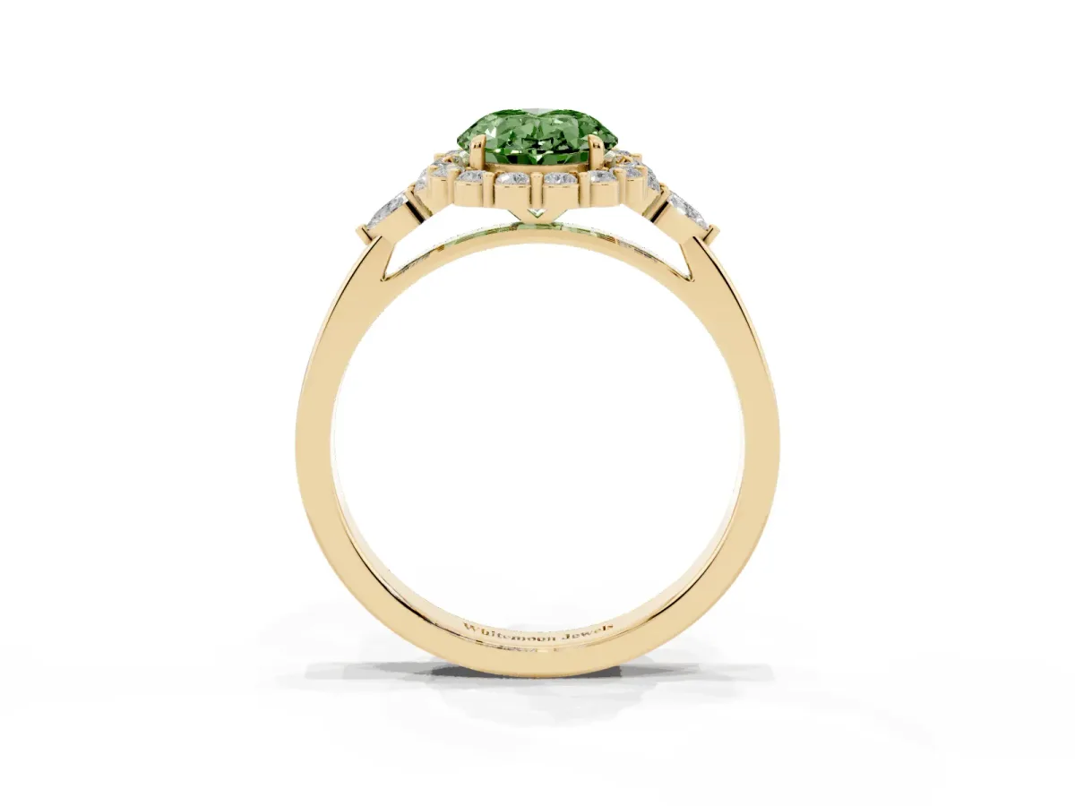 Fancy Green Oval Cut Diamond Halo Ring with Pear Side Stones and Prong Setting Yellow gold
