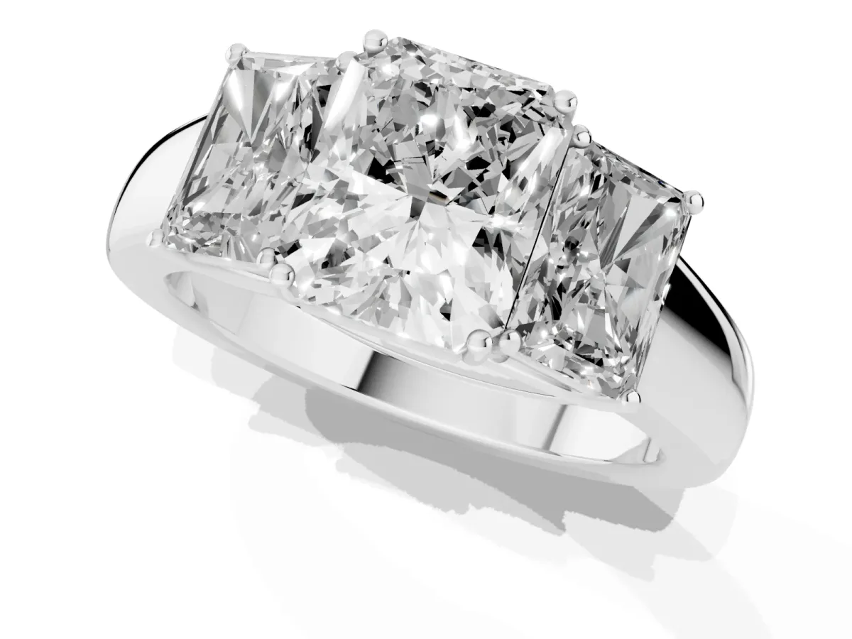 Three-Stone Radiant Cut Cut Diamond Ring with Prong Setting and Classic Band White gold