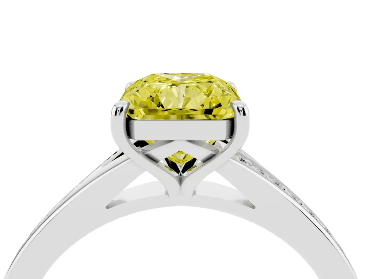 Fancy Yellow Radiant Cut Diamond Solitaire Ring with Pavé Band and Prong Setting Silver