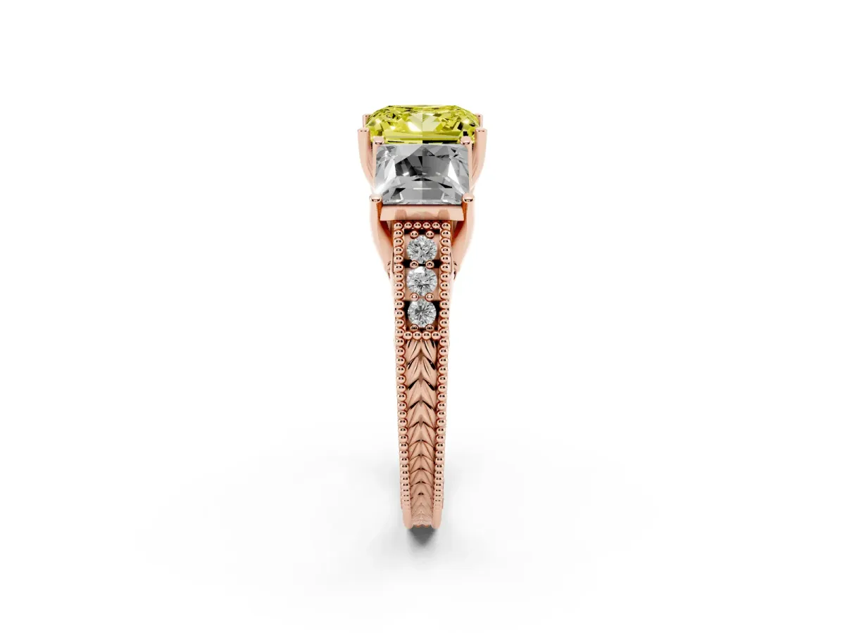 Fancy Yellow Three-Stone Princess Cut Cut Milgrain Pavé Engagement Ring Rose gold