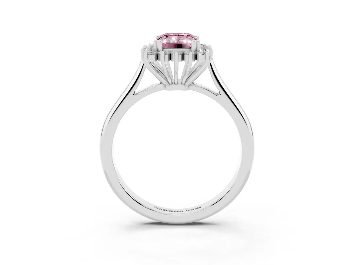 Fancy Pink Emerald Cut Cut Diamond Halo Ring with Solitaire Band and Prong Setting Platinum
