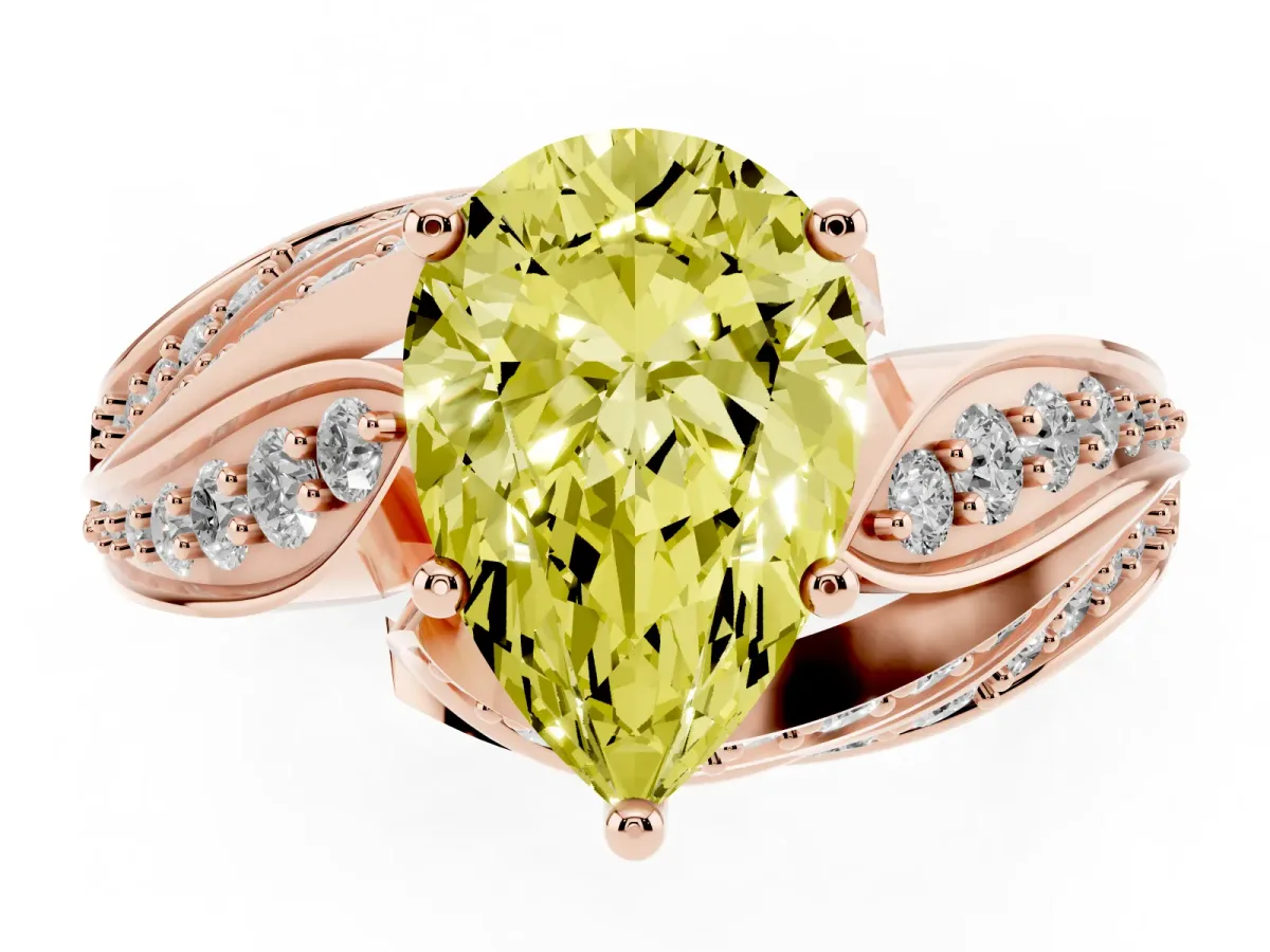 Fancy Yellow Pear Cut Diamond Solitaire Ring with Prong Setting and Twisted Pavé Band Rose gold
