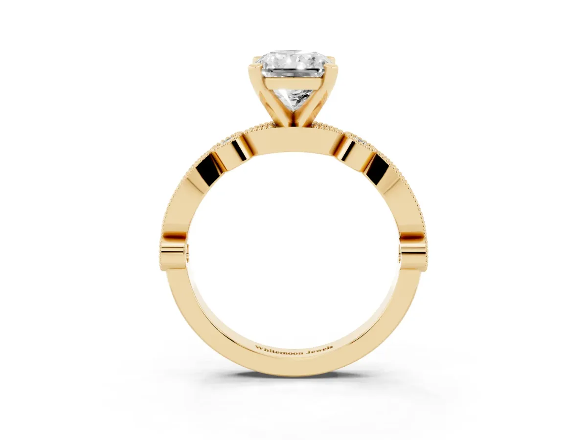 Radiant Cut Milgrain Bezel Diamond Engagement Ring with Solitaire Prong Setting Yellow gold