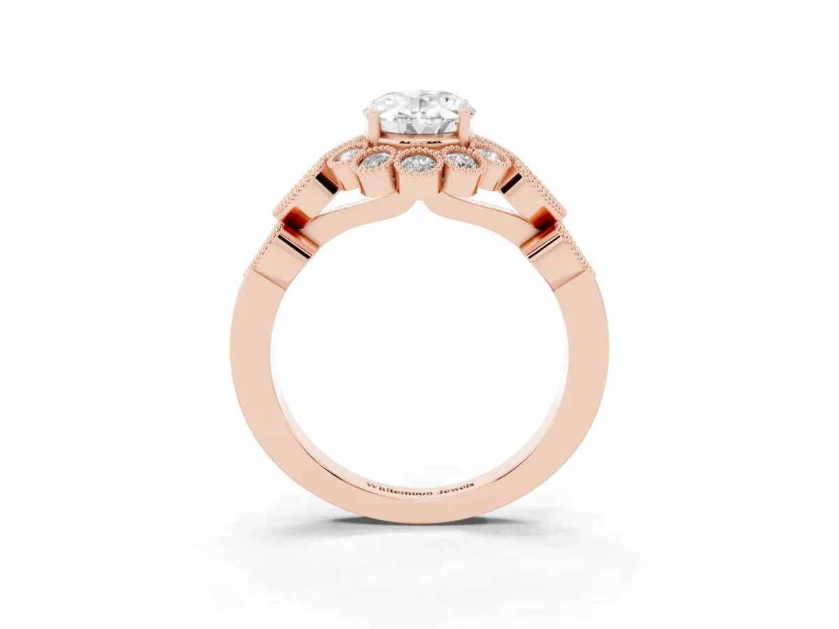 Oval Cut Brilliant Milgrain Pave Heart Band Solitaire Ring Rose gold