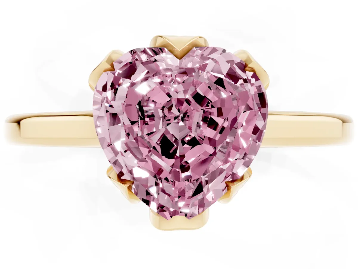 Fancy Pink Heart Cut Diamond Solitaire Ring with Flower Prong Setting and Classic Band Yellow gold