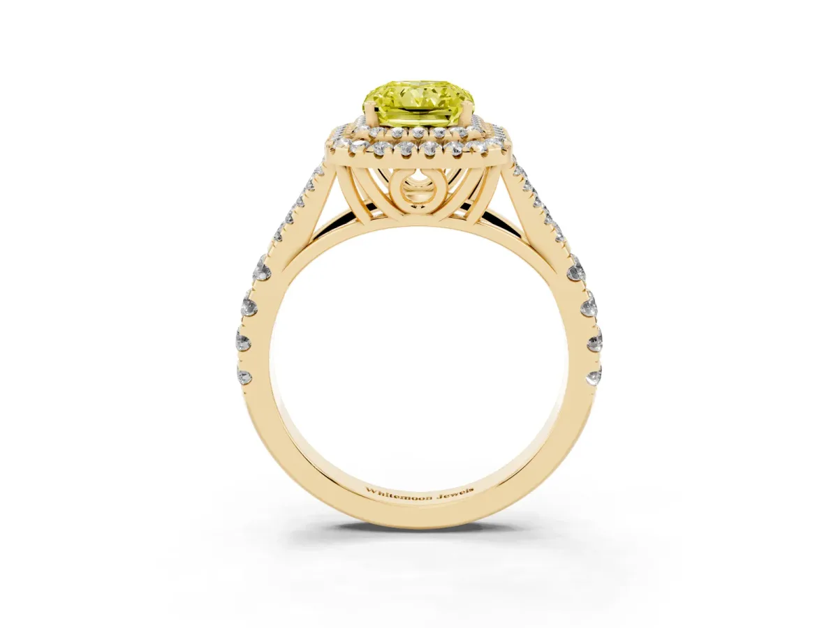 Fancy Yellow Double Halo Radiant Cut Diamond Split Shank Engagement Ring with Four-Prong Setting Yellow gold
