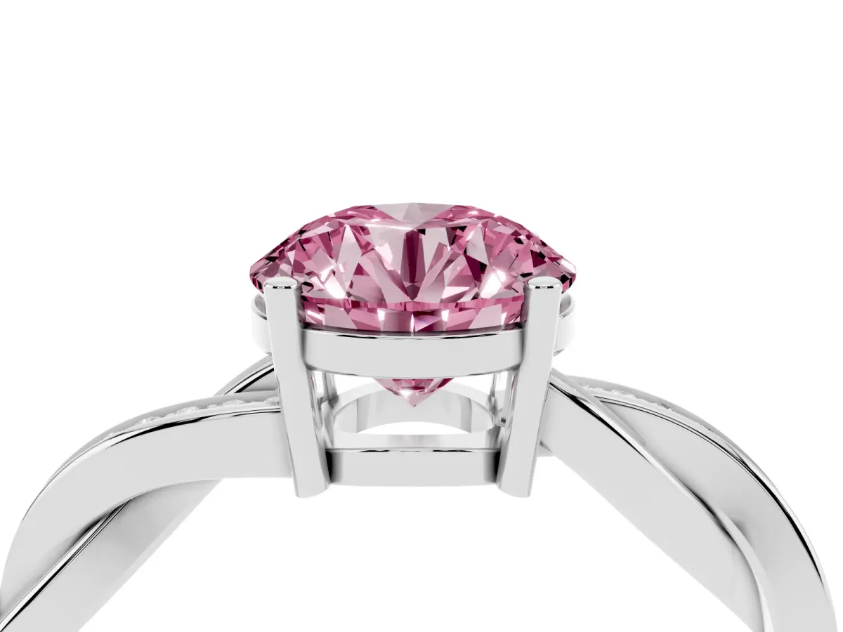 Fancy Pink Round Cut Solitaire Twisted Pave Diamond Ring with Four-Prong Setting White gold