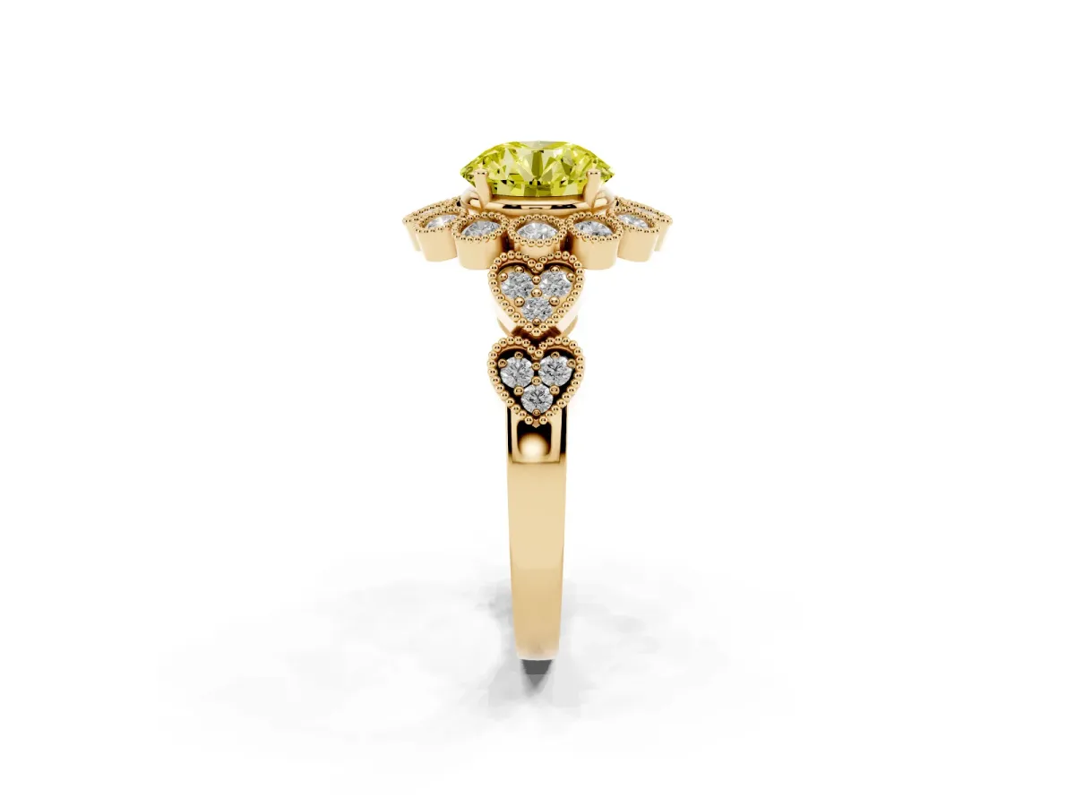Fancy Yellow Round Cut Brilliant Milgrain Pave Heart Band Solitaire Ring Yellow gold