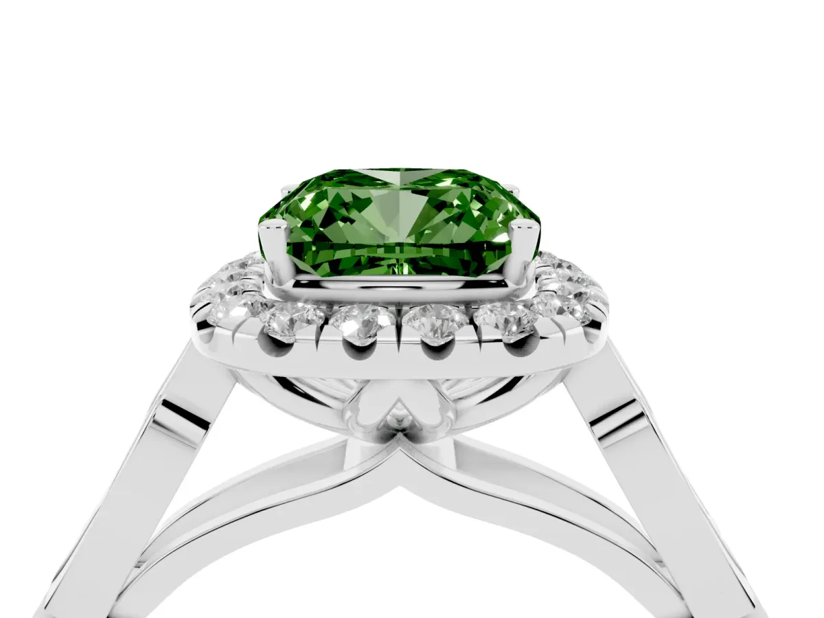 Fancy Green Cushion Cut Halo Diamond Engagement Ring with Filigree Band and Four-Prong Setting Silver
