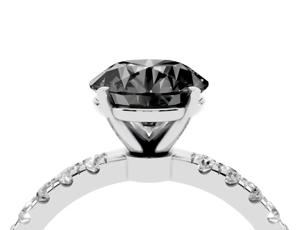 Fancy Black Round Cut Diamond Solitaire Ring with Pavé Accents and Four-Prong Setting White gold