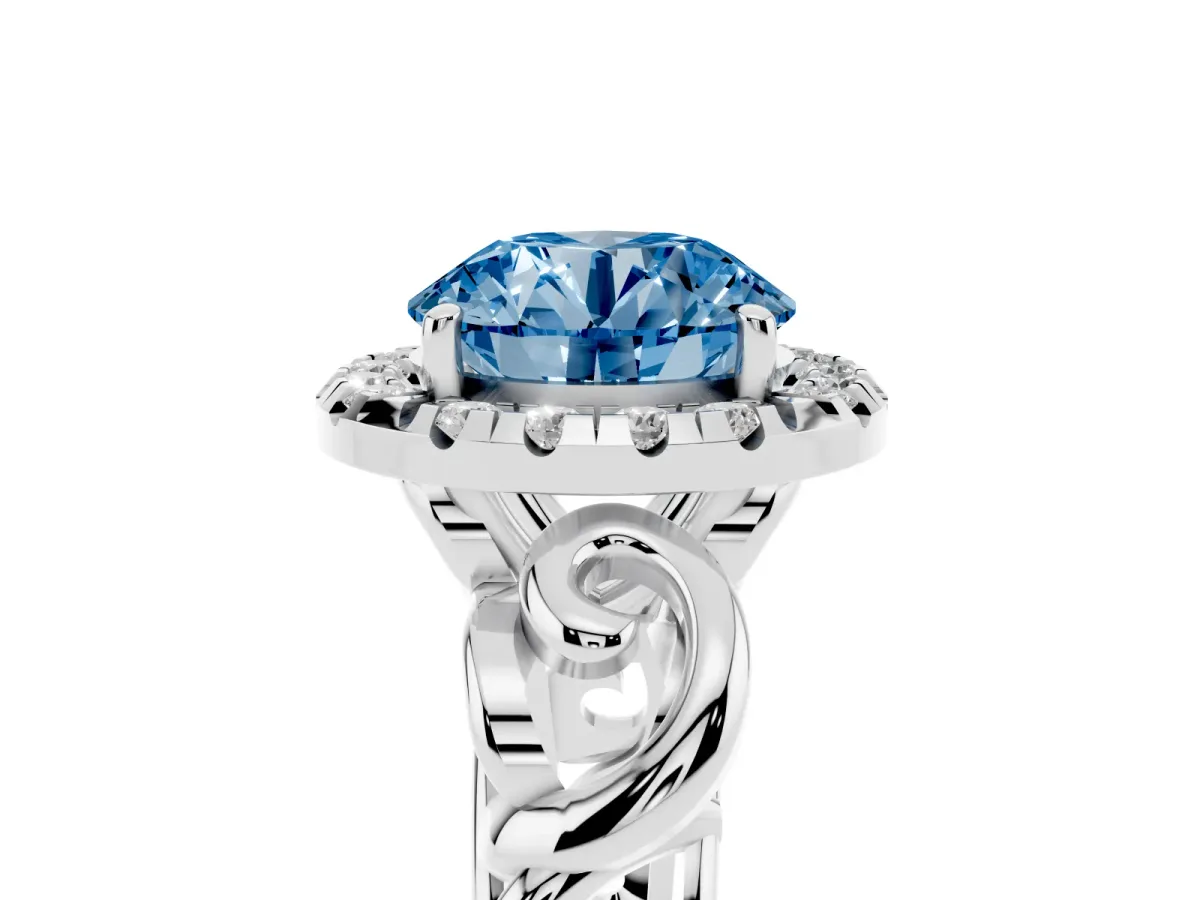 Fancy Blue Round Cut Cut Halo Diamond Ring with Scrollwork Band and Four-Prong Setting Platinum
