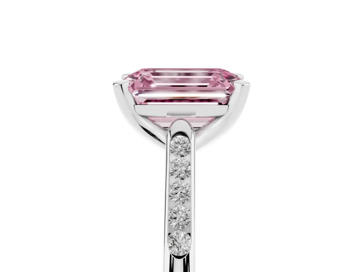 Fancy Pink Emerald Cut Diamond Solitaire Ring with Channel Set Round Band and Prong Setting Silver