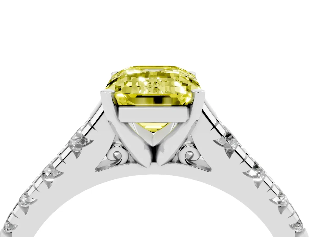 Fancy Yellow Emerald Cut Diamond Cathedral Solitaire Ring with Round Pavé Band Silver