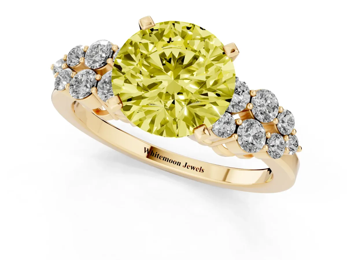 Fancy Yellow Round Cut Cluster Diamond Engagement Ring with Pavé Band and Four-Prong Setting Yellow gold