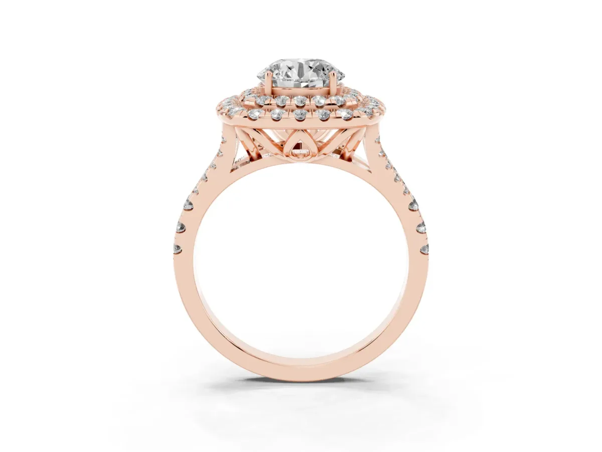 Double Halo Round Cut Diamond Pavé Split Shank Ring with Prong Setting Rose gold