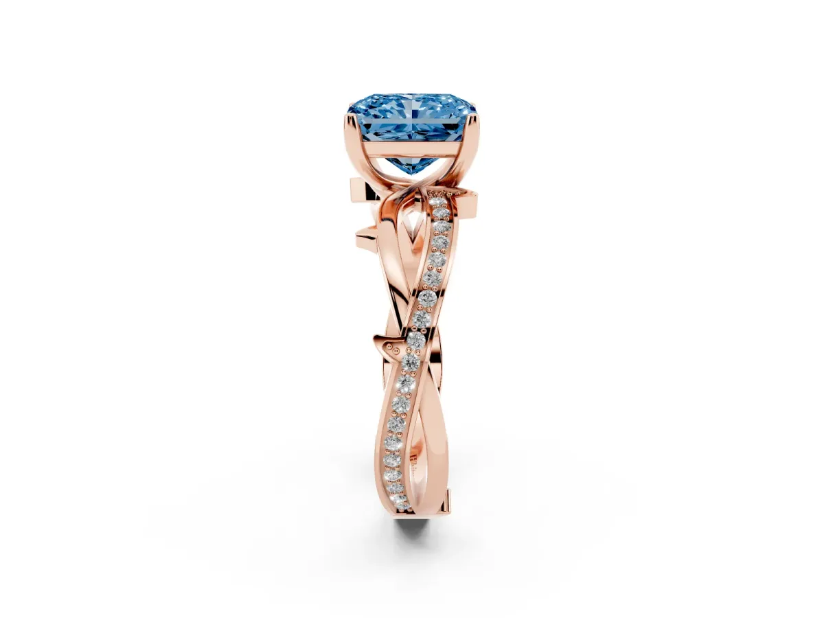 Fancy Blue Radiant Cut Solitaire Twist Band with Pavé Accents and Four-Prong Setting Rose gold