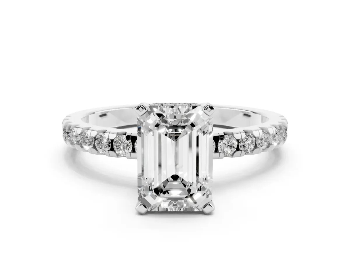 Emerald Cut Diamond Solitaire Ring with Round Pavé Band and Four-Prong Setting Silver